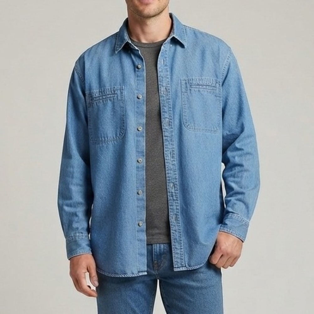 Vtg Hunt Club Mens Sz L Blue Denim Button Down Shirt Long Sleeve Western Cowboy